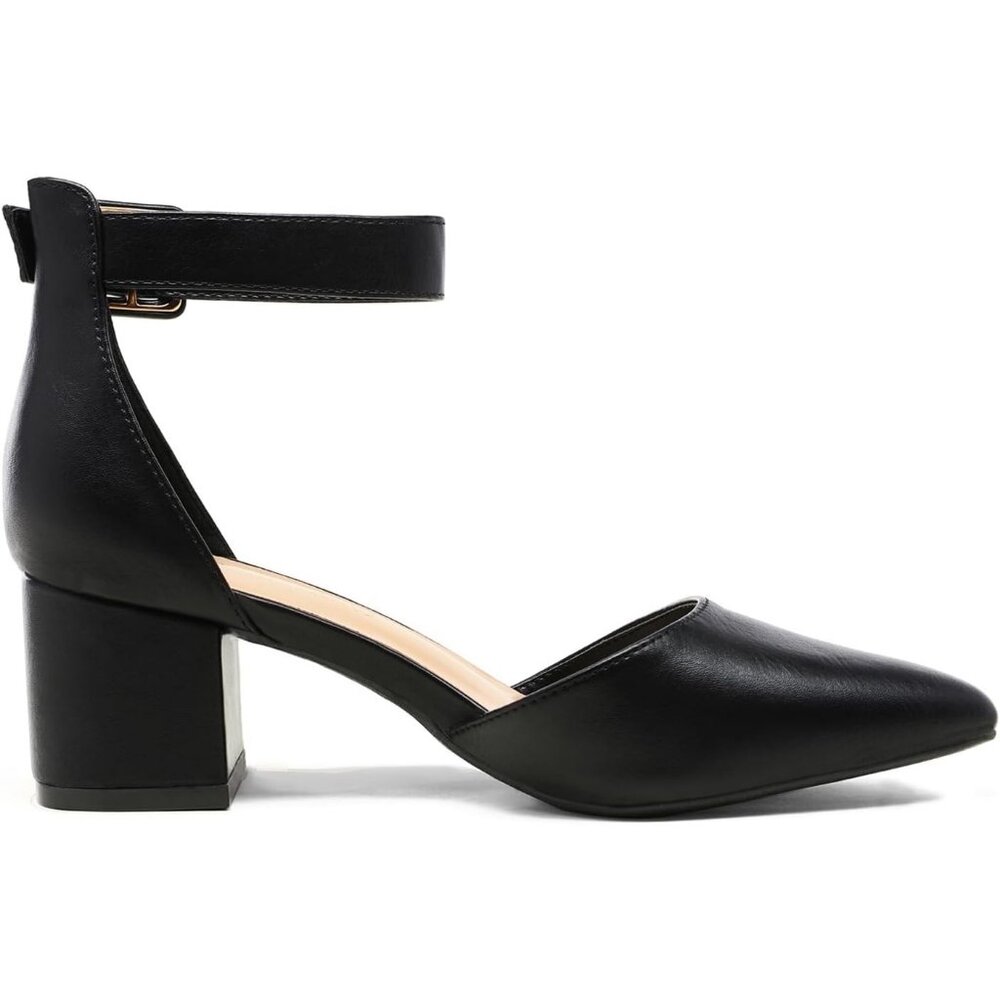 Women's Black Pointed Toe Heels with Ankle Strap and 2.25 Inches Block Heel - Picture 4 of 6